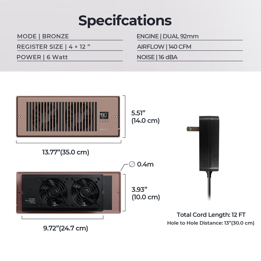 Biowind Quiet Smart Register Booster Fan Fits 4" x 12" Vent Opening - Bronze