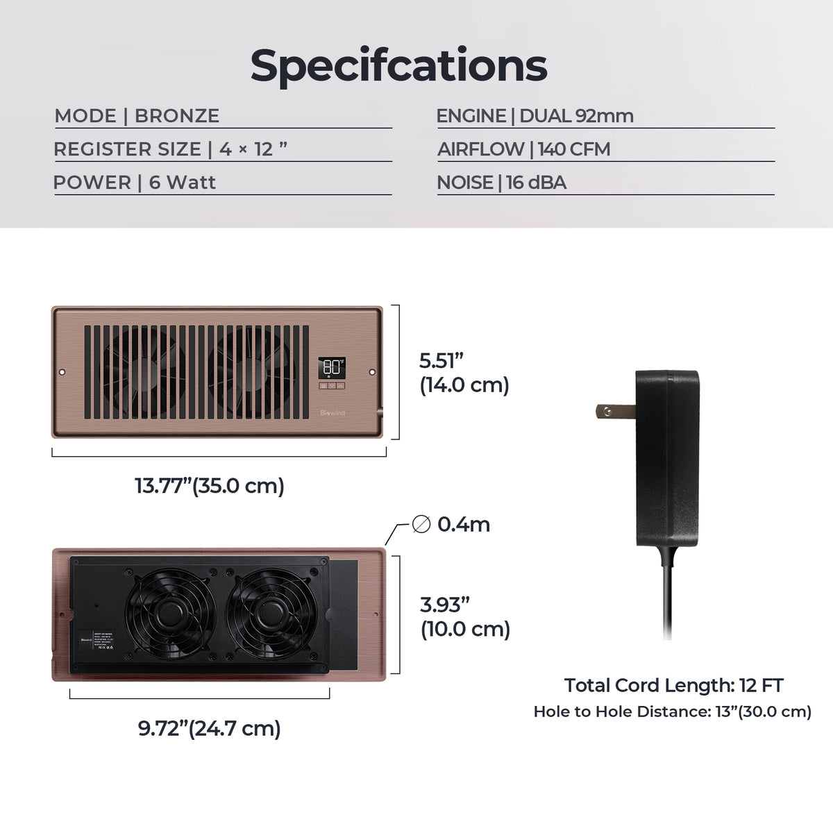 Biowind Quiet Smart Register Booster Fan Fits 4" x 12" Vent Opening - Bronze