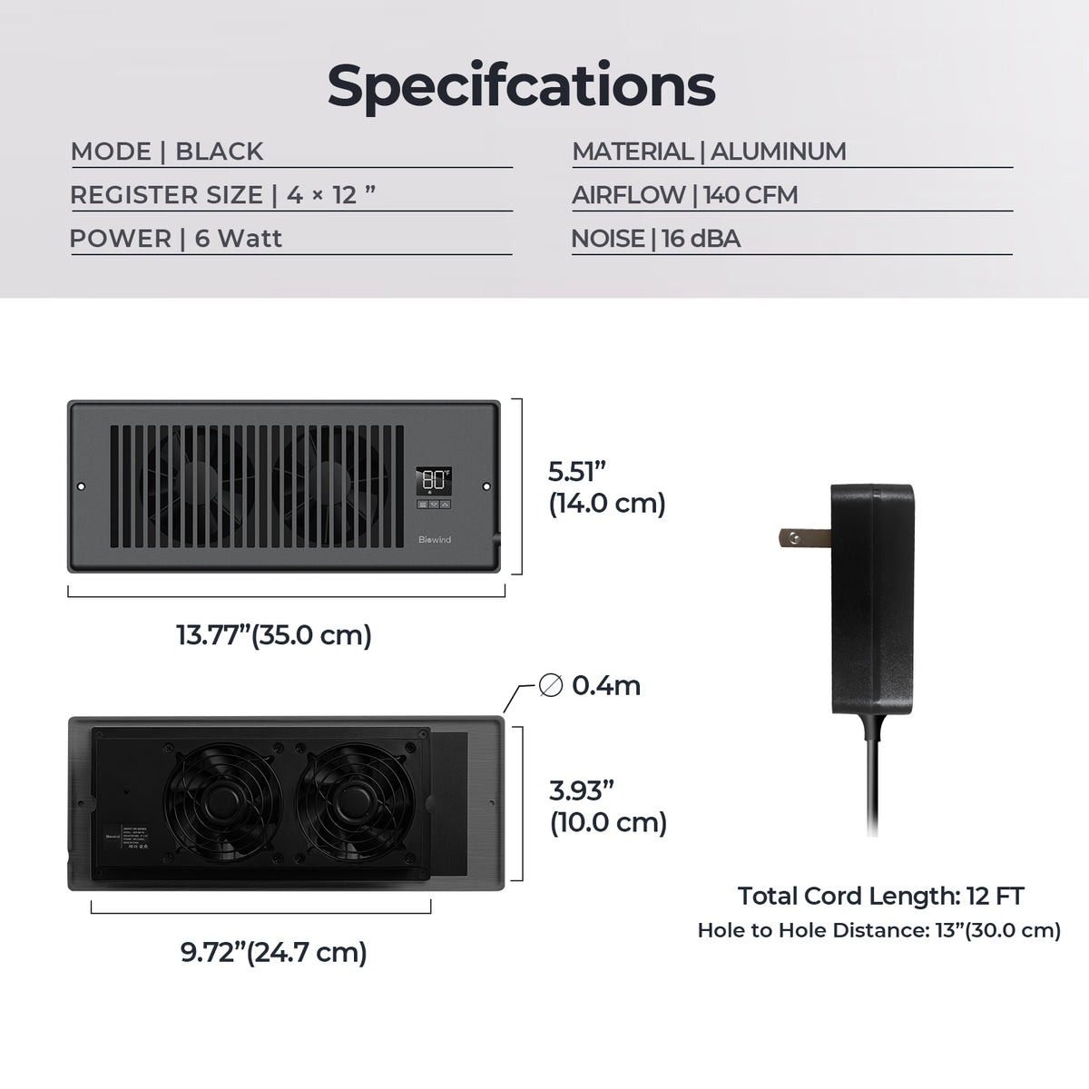 Biowind Quiet Smart Register Booster Fan Fits 4" x 12" Vent Opening - Black