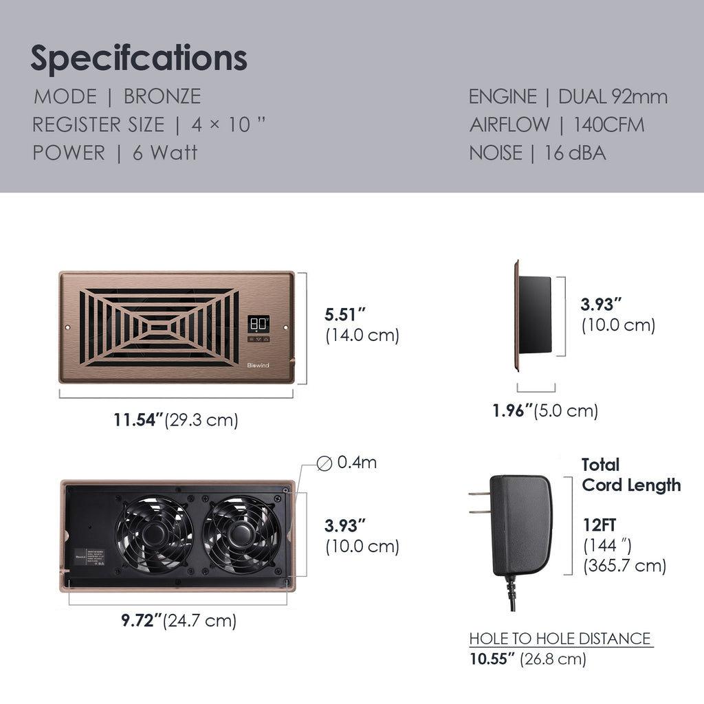 Biowind Quiet Smart Register Booster Fan Fits 4" x 10" Vent Opening - Bronze