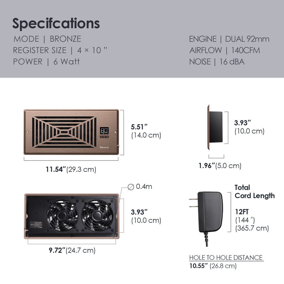 Biowind Quiet Smart Register Booster Fan Fits 4" x 10" Vent Opening - Bronze