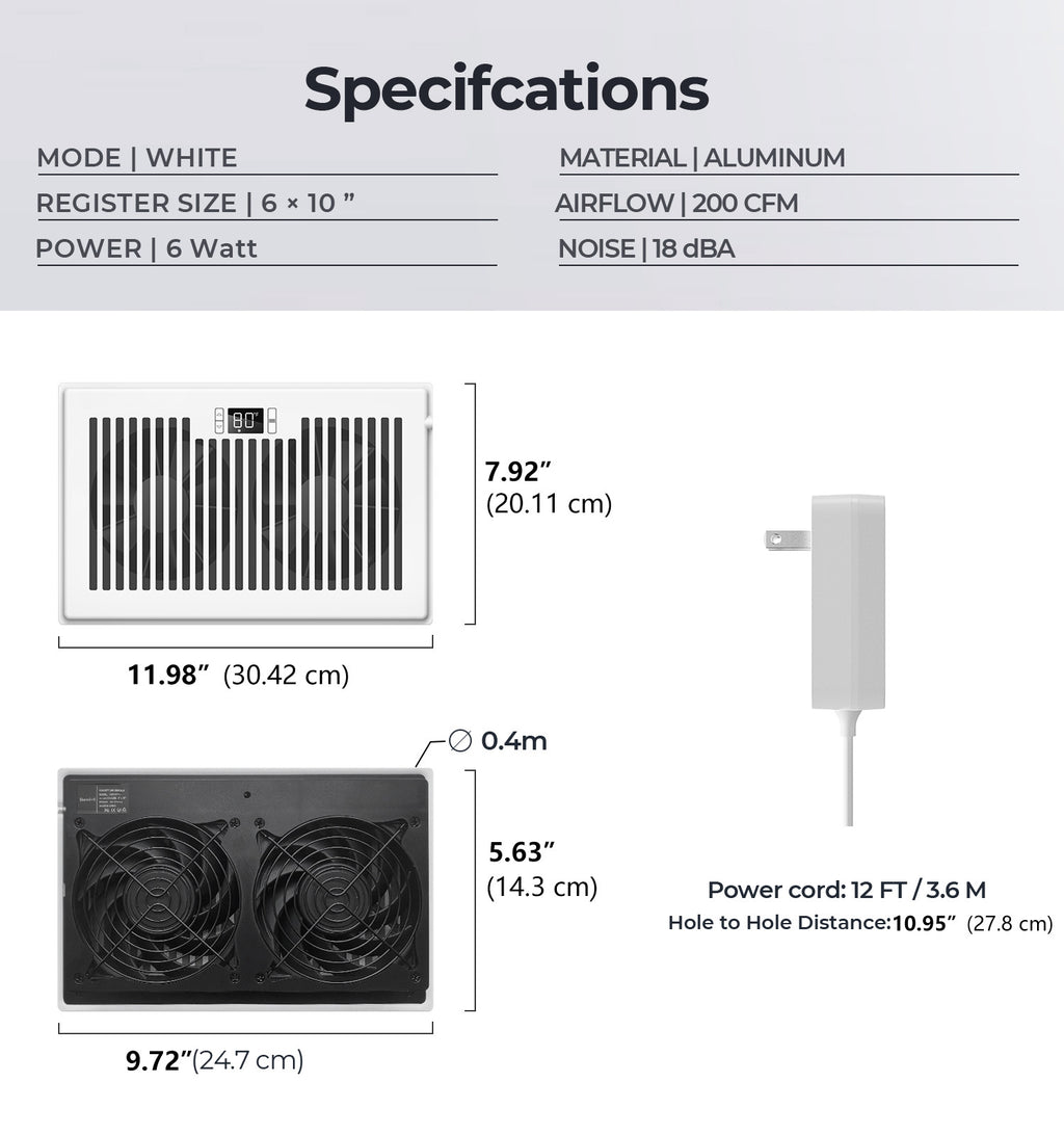 Biowind Quiet Smart Register Booster Fan Fits 6" x 10" Vent Opening - White