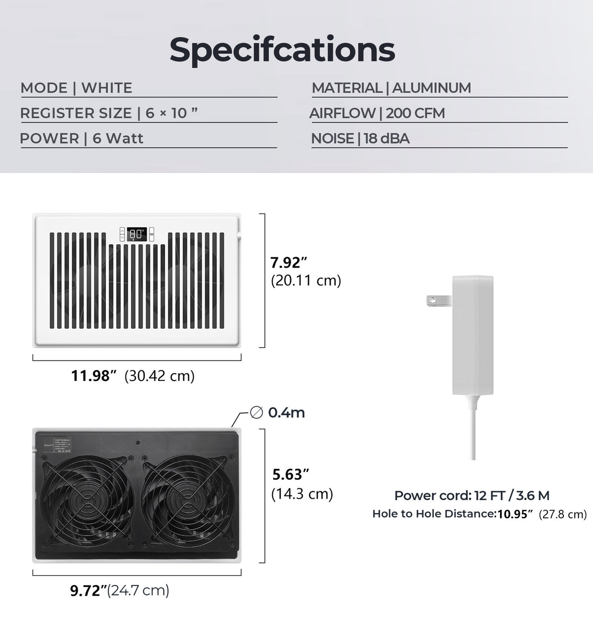 Biowind Quiet Smart Register Booster Fan Fits 6" x 10" Vent Opening - White