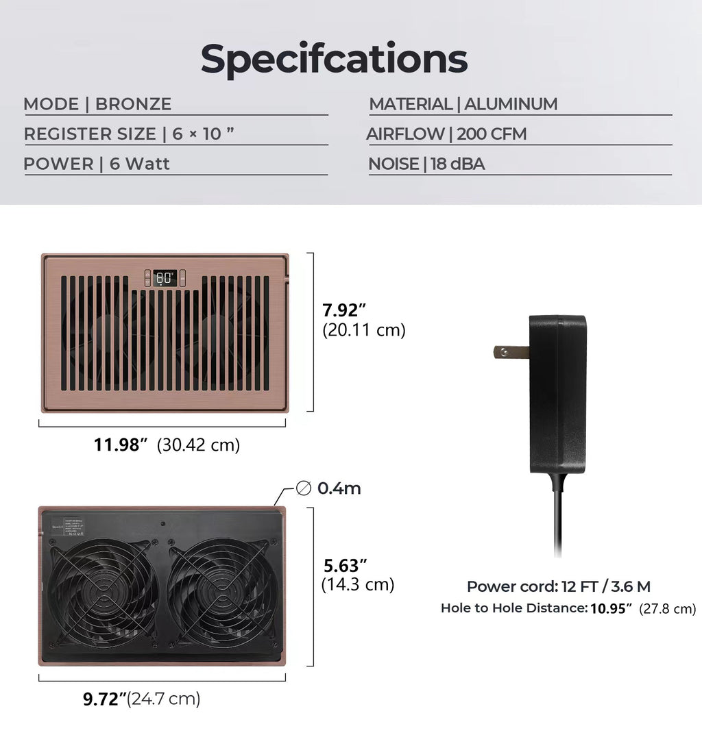 Biowind Quiet Smart Register Booster Fan Fits 6" x 10" Vent Opening - Bronze