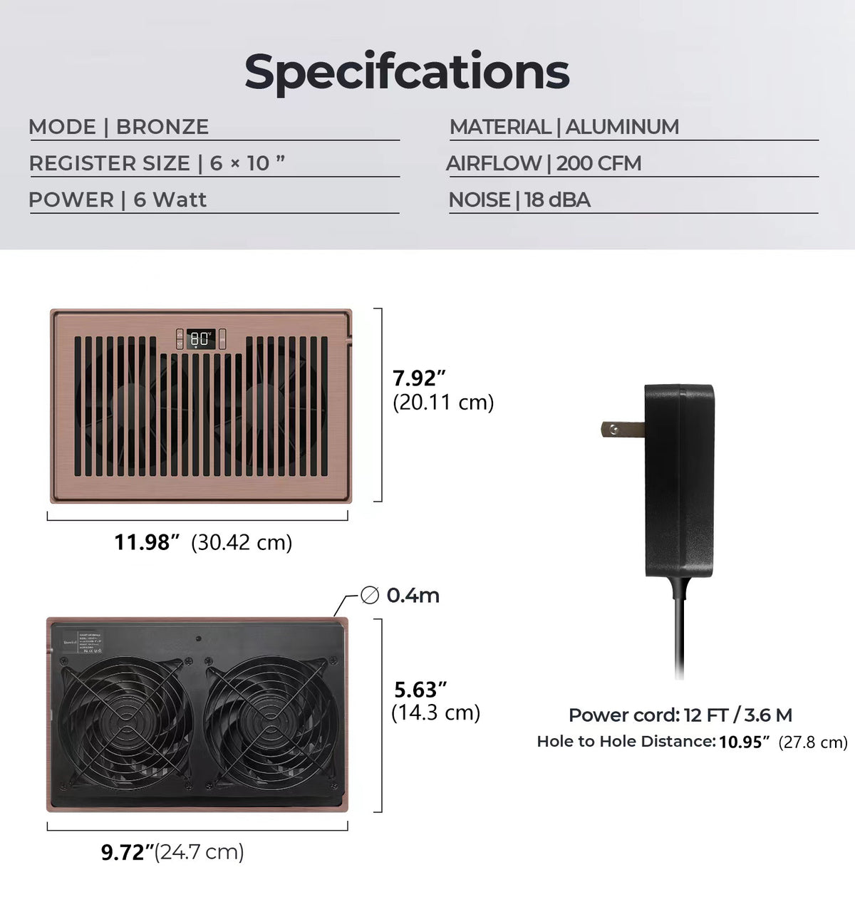 Biowind Quiet Smart Register Booster Fan Fits 6" x 10" Vent Opening - Bronze