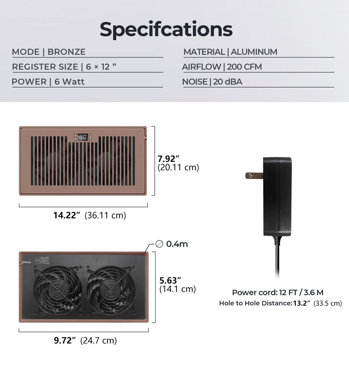 Biowind Quiet Smart Register Booster Fan Fits 6" x 12" Vent Opening - Bronze