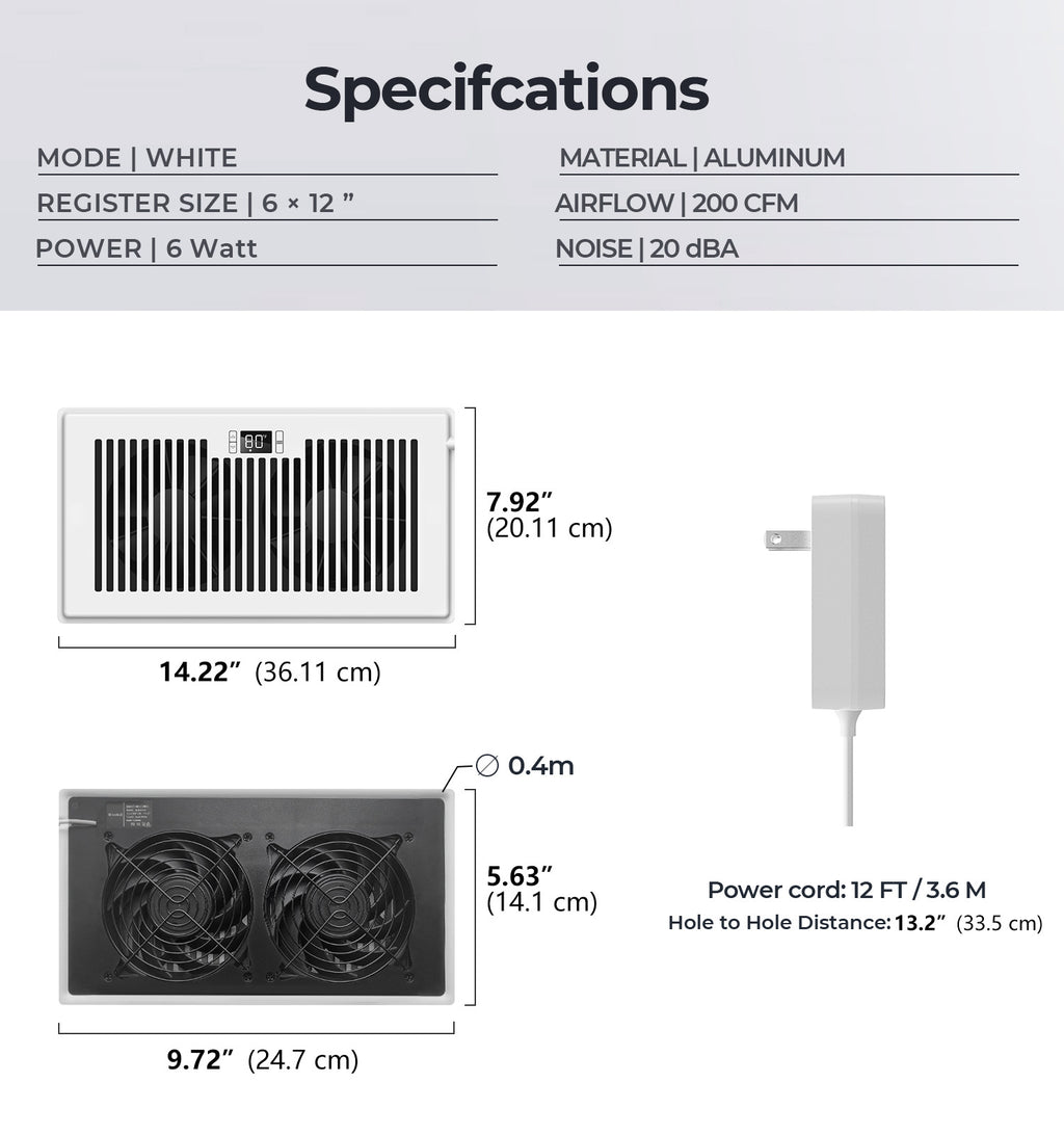 Biowind Quiet Smart Register Booster Fan Fits 6" x 12" Vent Opening - White